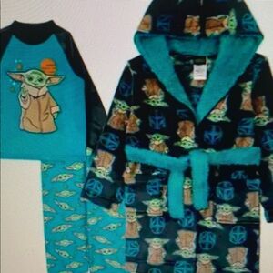 Kids Blue and Black Grogu Print Pajama Set with Hooded Robe